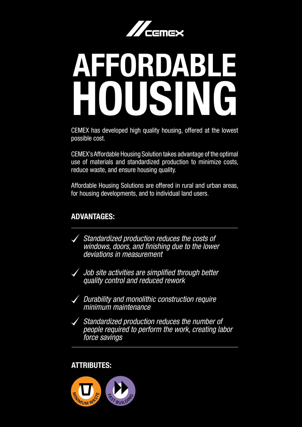 An image describing the advanages and characteristics of the Affordable Housing solution.